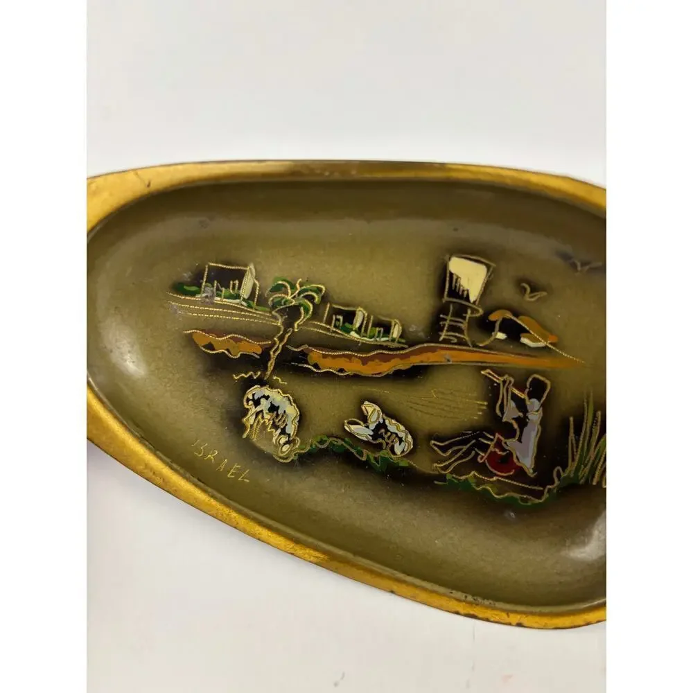 VTG N. Oppenheim Israel Hand Burnished Wall Hanging Trinket Tray Tin Gold‎